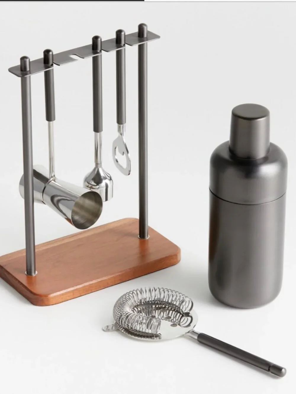 NIB Crate&Barrel Fenton Graphite and Wood Bar Tool Set with Cocktail Shaker